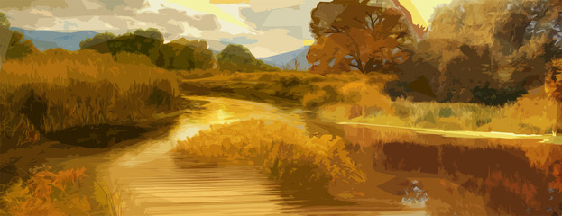 Autumn landscape river and forest vector illustration