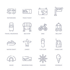 set of 16 thin linear icons such as icecream, rudder, boarding pass, igloo, cable car, flip flop, christ from travel collection on white background, outline sign icons or symbols