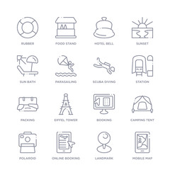 set of 16 thin linear icons such as mobile map, landmark, online booking, polaroid, camping tent, booking, eiffel tower from travel collection on white background, outline sign icons or symbols