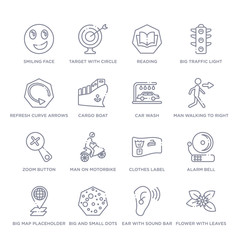 set of 16 thin linear icons such as flower with leaves, ear with sound bar, big and small dots, big map placeholder, alarm bell, clothes label, man on motorbike from ultimate glyphicons collection