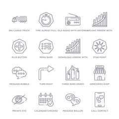 set of 16 thin linear icons such as call contact, message ballon, calendar checked, private eye, groceries shop, three bars graph, turn right from ultimate glyphicons collection on white background,