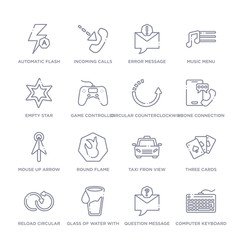 Fototapeta premium set of 16 thin linear icons such as computer keyboard, question message, glass of water with drop, reload circular arrow, three cards, taxi fron view, round flame from ultimate glyphicons collection