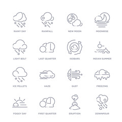 set of 16 thin linear icons such as downpour, eruption, first quarter, foggy day, freezing, gust, haze from weather collection on white background, outline sign icons or symbols - obrazy, fototapety, plakaty