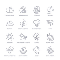 set of 16 thin linear icons such as sand storms, sleet, snow storms, sprinkle weather, starry night, stormy, subtropical climate from weather collection on white background, outline sign icons or