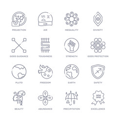 set of 16 thin linear icons such as excellence, precipitation, abundance, beauty, safety, earth, freedom from zodiac collection on white background, outline sign icons or symbols