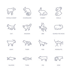 Naklejka na ściany i meble set of 16 thin linear icons such as cow, pig, tuna, salmon, mosquito, fox, tiger from animals collection on white background, outline sign icons or symbols