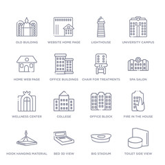 set of 16 thin linear icons such as toilet side view, big stadium, bed 3d view, hook hanging material, fire in the house, office block, college from buildings collection on white background, outline