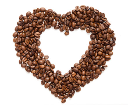 Coffee beans in heart shape white background isolated - Image