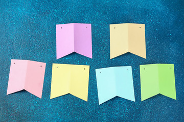 Diy Easter garland bunnies, flags EASTER made paper blue background. Gift idea, decor Spring, Easter