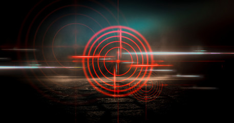 Futuristic abstract background. Empty room background, concrete. Neon red light smoke. Laser lines, laser target in the center of the room.