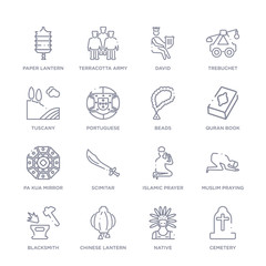 set of 16 thin linear icons such as cemetery, native, chinese lantern, blacksmith, muslim praying, islamic prayer, scimitar from cultures collection on white background, outline sign icons or