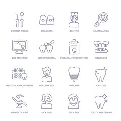set of 16 thin linear icons such as tooth whitening, sick boy, sick girl, dentist chair, cavities, implant, healthy boy from dentist collection on white background, outline sign icons or symbols