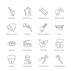 set of 16 thin linear icons such as toothbrushes, tooth pliers, male nurse, plaque, dental floss, mint gum, clean tooth from dentist collection on white background, outline sign icons or symbols