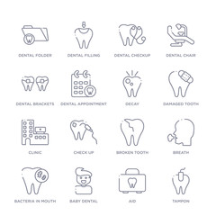 set of 16 thin linear icons such as tampon, aid, baby dental, bacteria in mouth, breath, broken tooth, check up from dentist collection on white background, outline sign icons or symbols