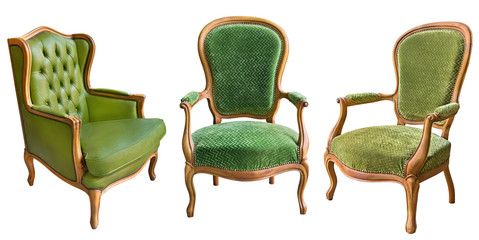 Three gorgeous vintage green armchairs isolated on white background.
