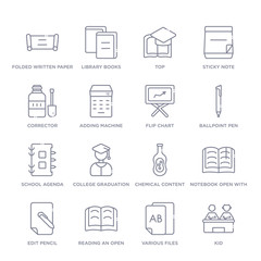 set of 16 thin linear icons such as kid, various files, reading an open book, edit pencil, notebook open with bookmark, chemical content, college graduation from education collection on white