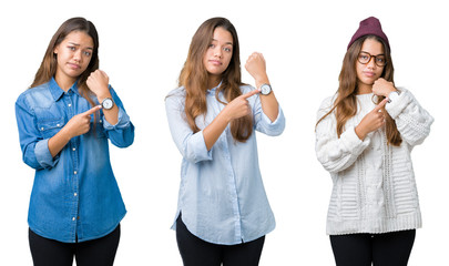 Collage of beautiful young woman over isolated background In hurry pointing to watch time, impatience, upset and angry for deadline delay