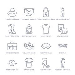 set of 16 thin linear icons such as working coverall, woman boots, safety shirt, firefighter hat, eyewear, sleeping mask, wellness coach from fashion collection on white background, outline sign