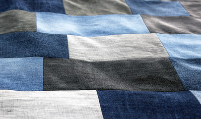 Blue denim jeans texture, patchwork denim jean fabric pattern - obrazy, fototapety, plakaty