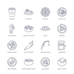 set of 16 thin linear icons such as spicy food, sausages, vegetarian food, hot pepper, sardines, fishing tool, chili pepper from food collection on white background, outline sign icons or symbols