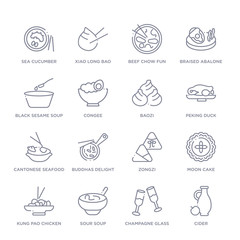 set of 16 thin linear icons such as cider, champagne glass, sour soup, kung pao chicken, moon cake, zongzi, buddhas delight from food and restaurant collection on white background, outline sign