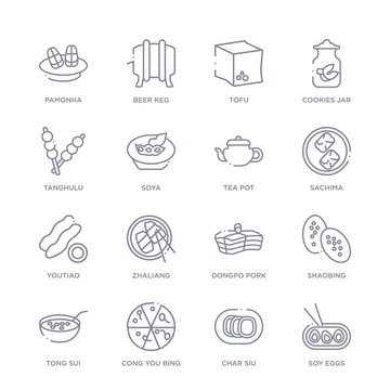 set of 16 thin linear icons such as soy eggs, char siu, cong you bing, tong sui, shaobing, dongpo pork, zhaliang from food and restaurant collection on white background, outline sign icons or