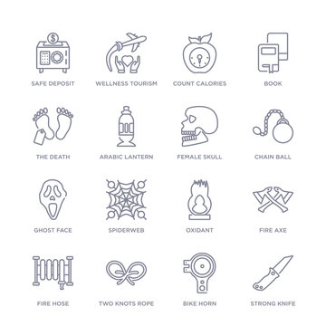 set of 16 thin linear icons such as strong knife, bike horn, two knots rope, fire hose, fire axe, oxidant, spiderweb from general collection on white background, outline sign icons or symbols