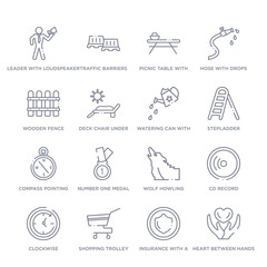 set of 16 thin linear icons such as heart between hands, insurance with a button, shopping trolley, clockwise, cd record, wolf howling, number one medal from general collection on white background,