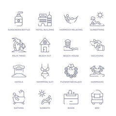 Fototapeta na wymiar set of 16 thin linear icons such as bed, basin, sunbath, bathing, hammocks, flower necklace, swimming suit from holidays collection on white background, outline sign icons or symbols