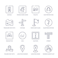 set of 16 thin linear icons such as women hairstylist, location mark, location marker, folded map with position mark, street, caution, co2 from maps and flags collection on white background, outline