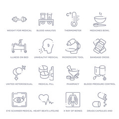 set of 16 thin linear icons such as drugs capsules and pills, x ray of bones, heart beats lifeline in a heart, eye scanner medical, blood pressure control tool, pharmacy, medical pill from medical