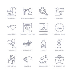 set of 16 thin linear icons such as emergency kit, observation, neurons, first aid box, body lotion, drug, organ theft from medical collection on white background, outline sign icons or symbols