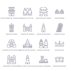 set of 16 thin linear icons such as dpr/mpr building, national congress of brazil, split point lighthouse, democracy monument, retiro park, domed churches, united states capitol from monuments