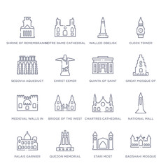 set of 16 thin linear icons such as badshahi mosque, stari most, quezon memorial circle, palais garnier, national mall, chartres cathedral, bridge of the west from monuments collection on white