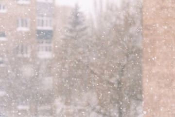 Falling snow on the background of trees and Windows. Winter background. Soft focus