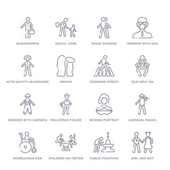 set of 16 thin linear icons such as girl and boy, public fountain, children on teeter totter, wheelchair side view, carnival masks, woman portrait, policeman figure from people collection on white