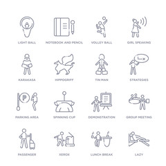 set of 16 thin linear icons such as lazy, lunch break, xerox, passenger, group meeting, demonstration, spinning cup from people collection on white background, outline sign icons or symbols