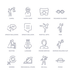 set of 16 thin linear icons such as picnic, on call, mechanical stairs, women, woman holding cup, phone service, luggage from people collection on white background, outline sign icons or symbols