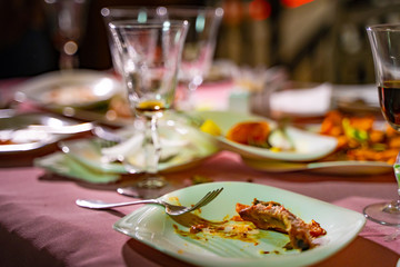 The leftover food and dirty dishes on the restaurant table.