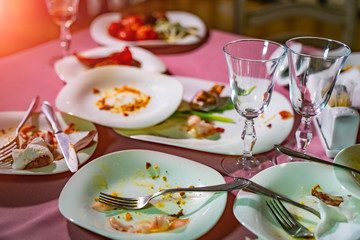 Dirty dishes on a table in a restaurant. After eating