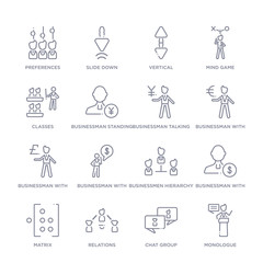 set of 16 thin linear icons such as monologue, chat group, relations, matrix, businessman with dollar money, businessmen hierarchy, businessman with financial message about dollar from people