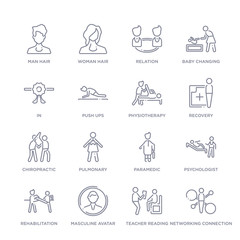 set of 16 thin linear icons such as networking connection, teacher reading, masculine avatar, rehabilitation, psychologist, paramedic, pulmonary from people collection on white background, outline