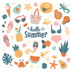 Hello Summer icons collection. Vector illustration of funny cartoon summer clothes, fruits, exotic animals and plants in trendy flat style. Isolated on white.