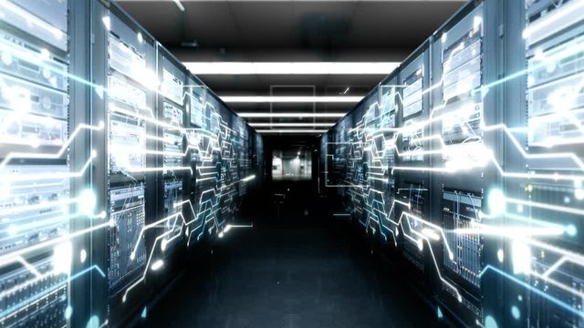 Digitalization of Information. Concept of Digital Data Flow Through Rack Servers in Data Center. Animation of Moving Cloud Network of Future Technology in Server Room.