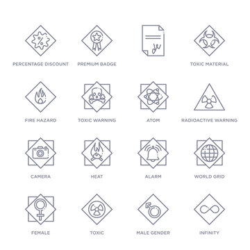 set of 16 thin linear icons such as infinity, male gender, toxic, female, world grid, alarm, heat from signs collection on white background, outline sign icons or symbols