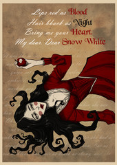Greeting card with Snow White. Fairytale character. Graphic gothic illustration on vintage kraft background