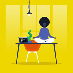 Meditation. Yoga at the office. Harmony and relaxation. Calm black female character sitting in a lotus pose on a desk. Flat editable vector illustration, clip art. Modern healthy lifestyle