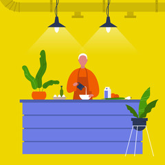 Kitchen. Young male chief cooking food at the counter. Cafe. Loft interior. Modern lifestyle. Flat editable vector illustration, clip art