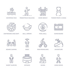 set of 16 thin linear icons such as long socks, skiing, estadio, short sleeves, adventure, man riding bike, sesei from sports collection on white background, outline sign icons or symbols