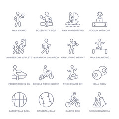 Naklejka na ściany i meble set of 16 thin linear icons such as skiing down hill, racing bike, baseball ball, basketball ball with line, ball pool, stick figure on snowboard, bicycle for children from sports collection on